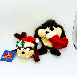 VTG Looney Tunes Taz Christmas Beanbag Plush Lot Of 2 90s Stuffed Animals Stuffy